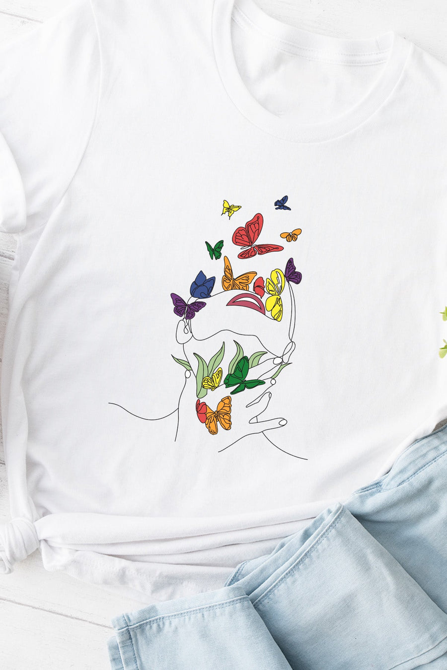 Butterfly Line Art Rainbow Tee