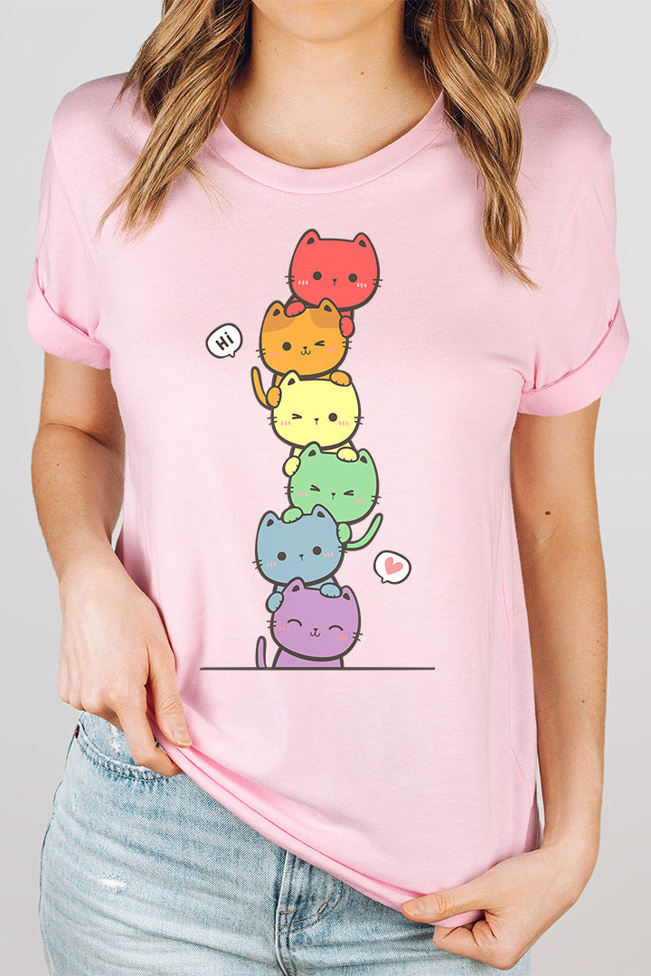 Kawaii Cat Pile Rainbow Tee