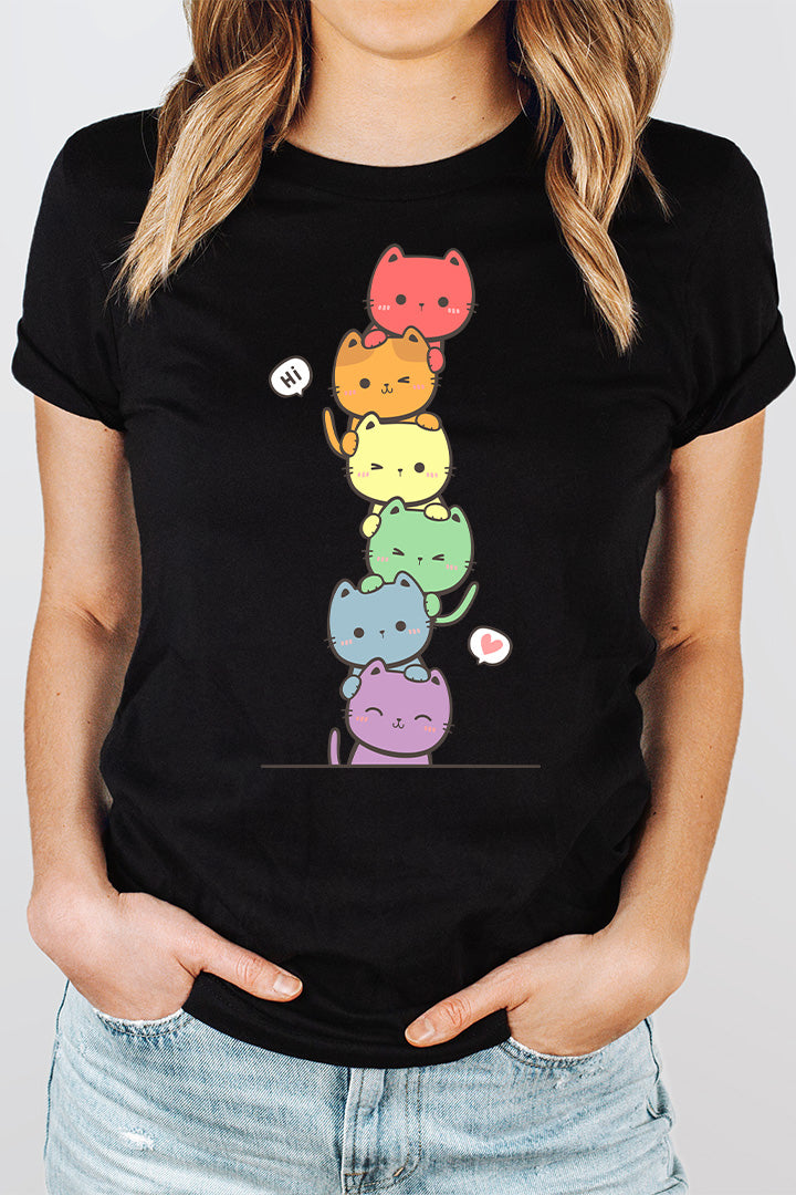 Kawaii Cat Pile Rainbow Tee